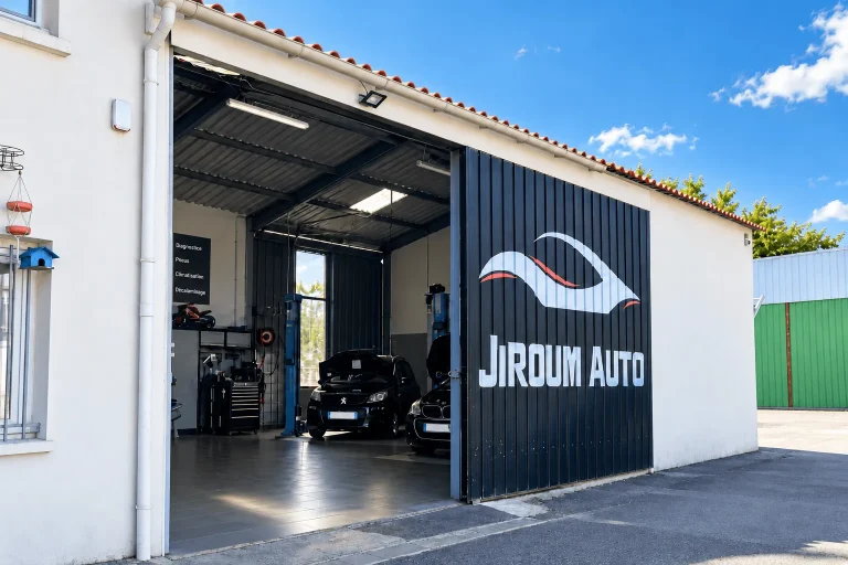 Entrée de l’atelier Jiroum Auto avec une voiture à l’intérieur