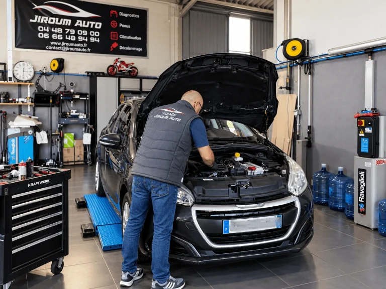 Mécanicien Jiroum Auto intervenant sous le capot d’une voiture dans l’atelier