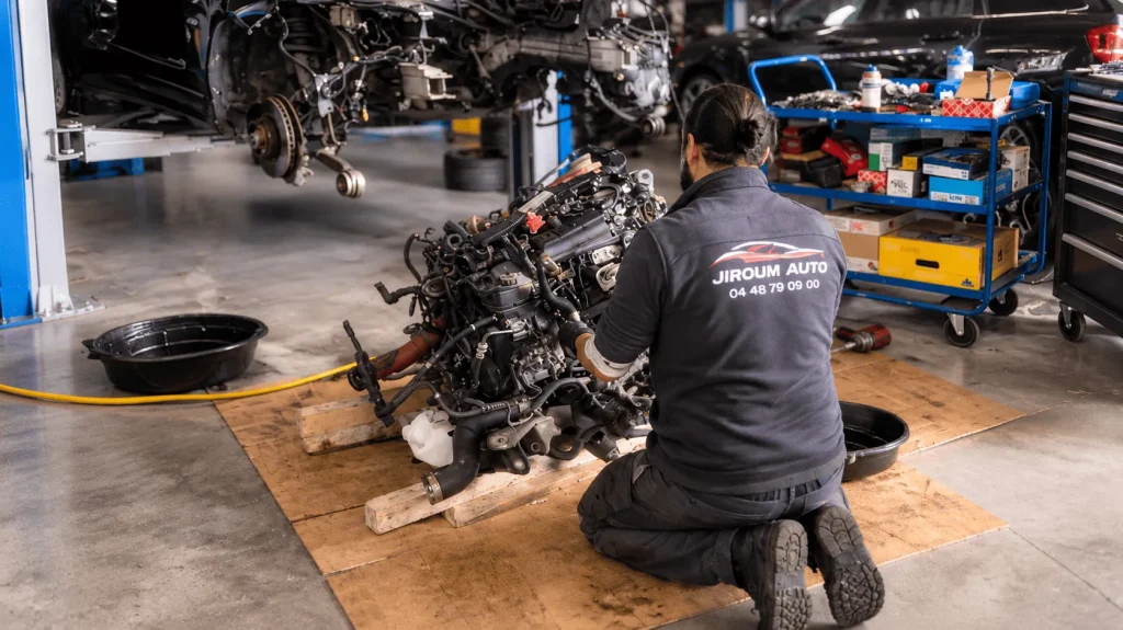 Mécanicien Jiroum Auto travaillant sur un moteur déposé au garage