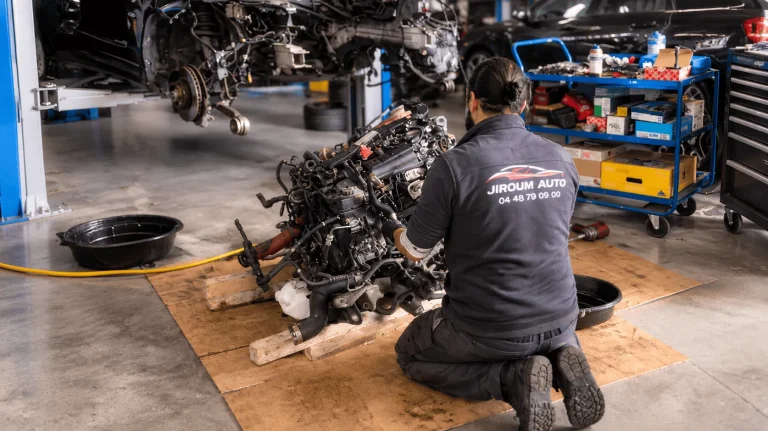 Mécanicien Jiroum Auto travaillant sur un moteur déposé au garage