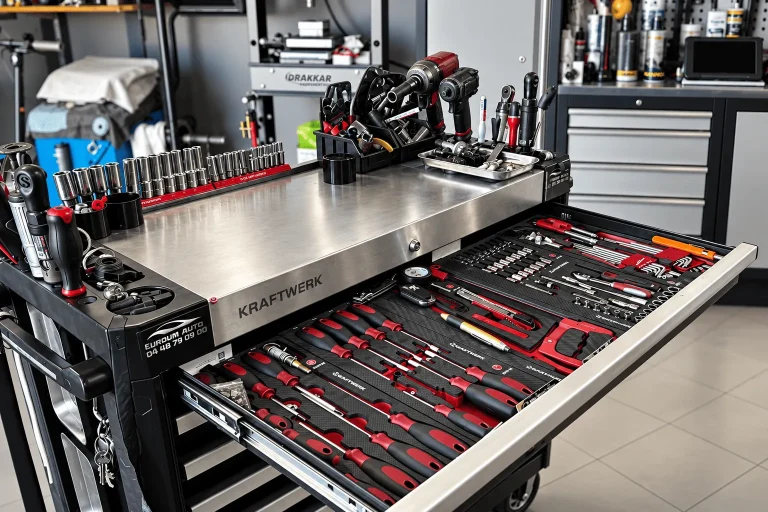 Servante d’atelier ouverte avec les outils du mécanicien